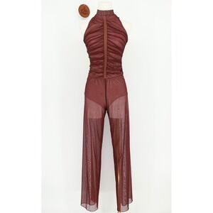The Lineup Mesh Ruched Halter Open Back Unitard Jumpsuit Small Long Sheer Dance